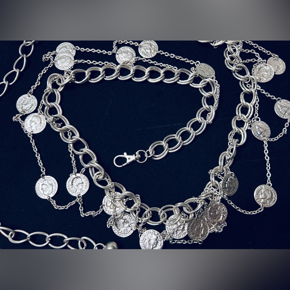 Vintage Silver Tone Coin Chain Link Belt - Picture 2 of 10